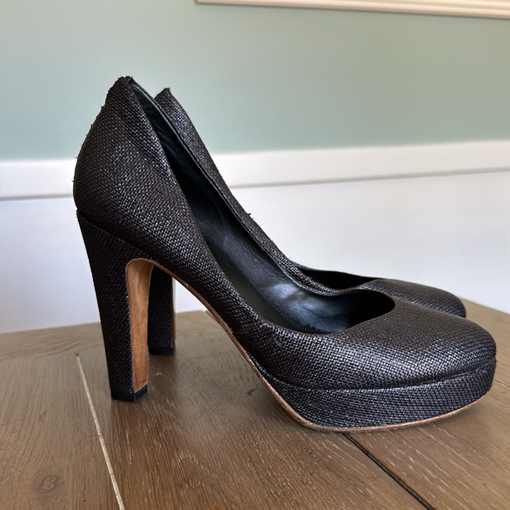Rag & bone grasscloth black Raffia straw black platform pumps heels 38 7.5 8